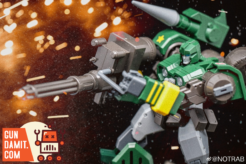 Furai Model Hound in mid-air combat pose with rifle and holographic shield against space debris background Furai Model Hound in mid-air combat pose with rifle and holographic shield against space debris background