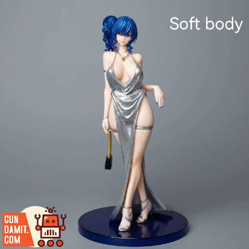 Man Xiang 1/6 Azur Lane St. Louis soft body version front view in silver slit dress on blue base Man Xiang 1/6 Azur Lane St. Louis soft body version front view in silver slit dress on blue base