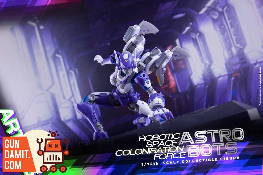 Astrobots A-05 Artimis mecha figure side view with weapons Astrobots A-05 Artimis mecha figure side view with weapons