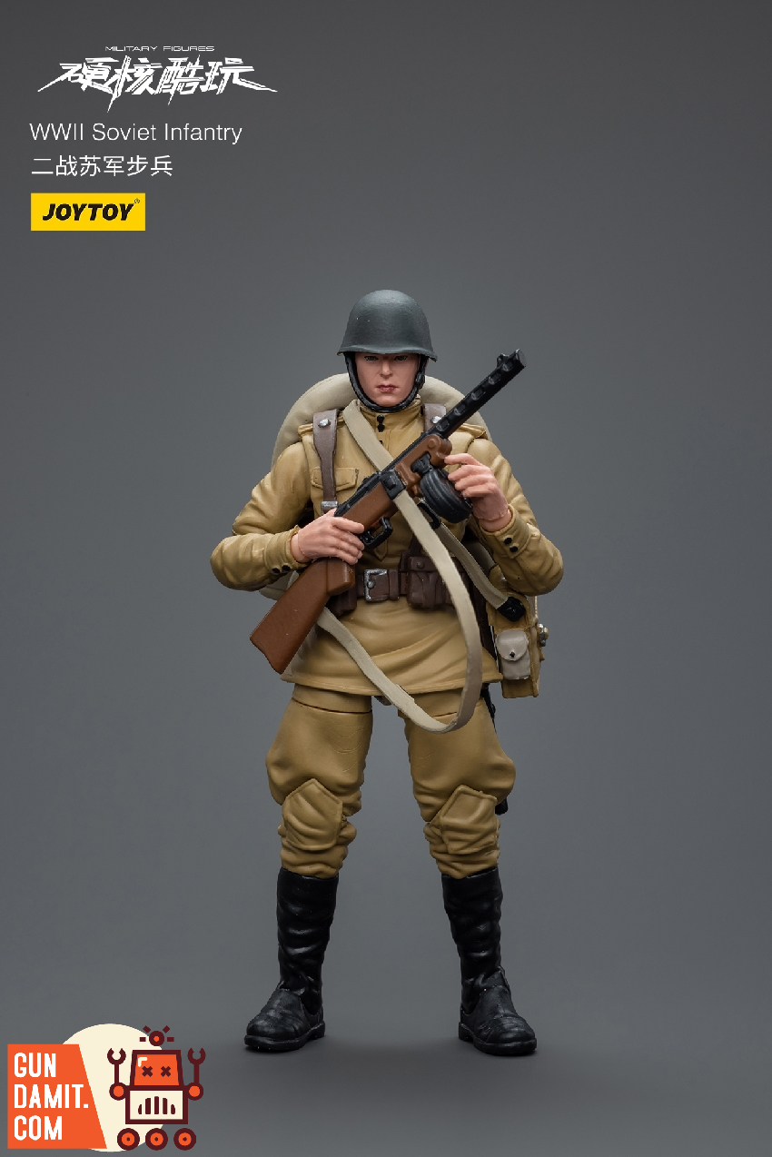 JoyToy WWII Soviet soldier figure standing with rifle at ready in khaki uniform and steel helmet JoyToy WWII Soviet soldier figure standing with rifle at ready in khaki uniform and steel helmet