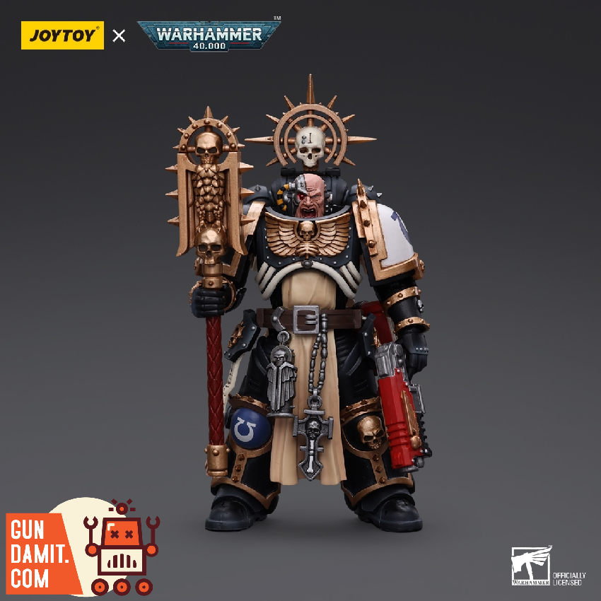 JoyToy 1/18 Ultramarines Chaplain Indomitus figure in black armor with skull helmet golden halo and crozius arcanum JoyToy 1/18 Ultramarines Chaplain Indomitus figure in black armor with skull helmet golden halo and crozius arcanum