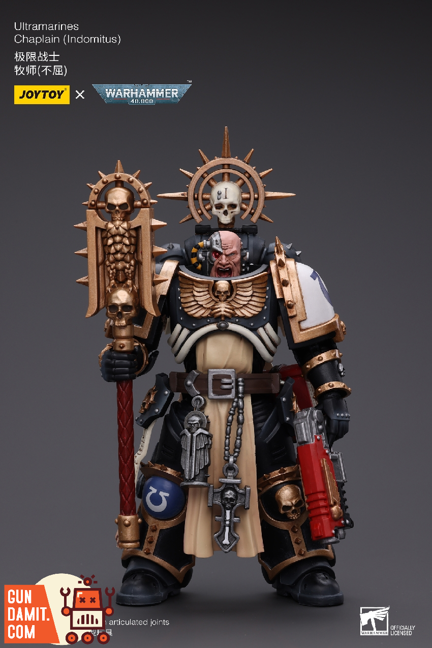 JoyToy Ultramarines Chaplain Indomitus rear view showing backpack details and tan ceremonial robes JoyToy Ultramarines Chaplain Indomitus rear view showing backpack details and tan ceremonial robes