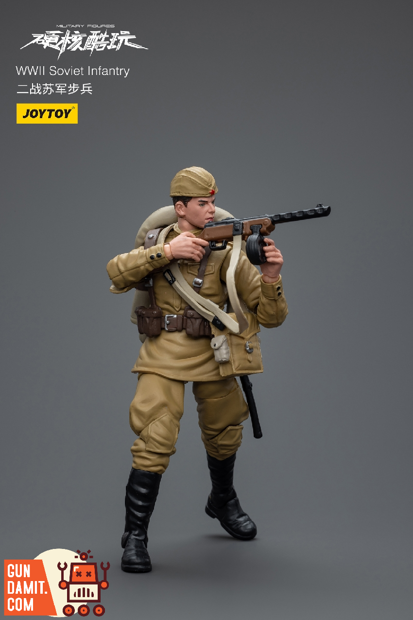 JoyToy 1/18 WWII Soviet Infantry figure in tan uniform aiming PPSh-41 submachine gun with drum magazine JoyToy 1/18 WWII Soviet Infantry figure in tan uniform aiming PPSh-41 submachine gun with drum magazine
