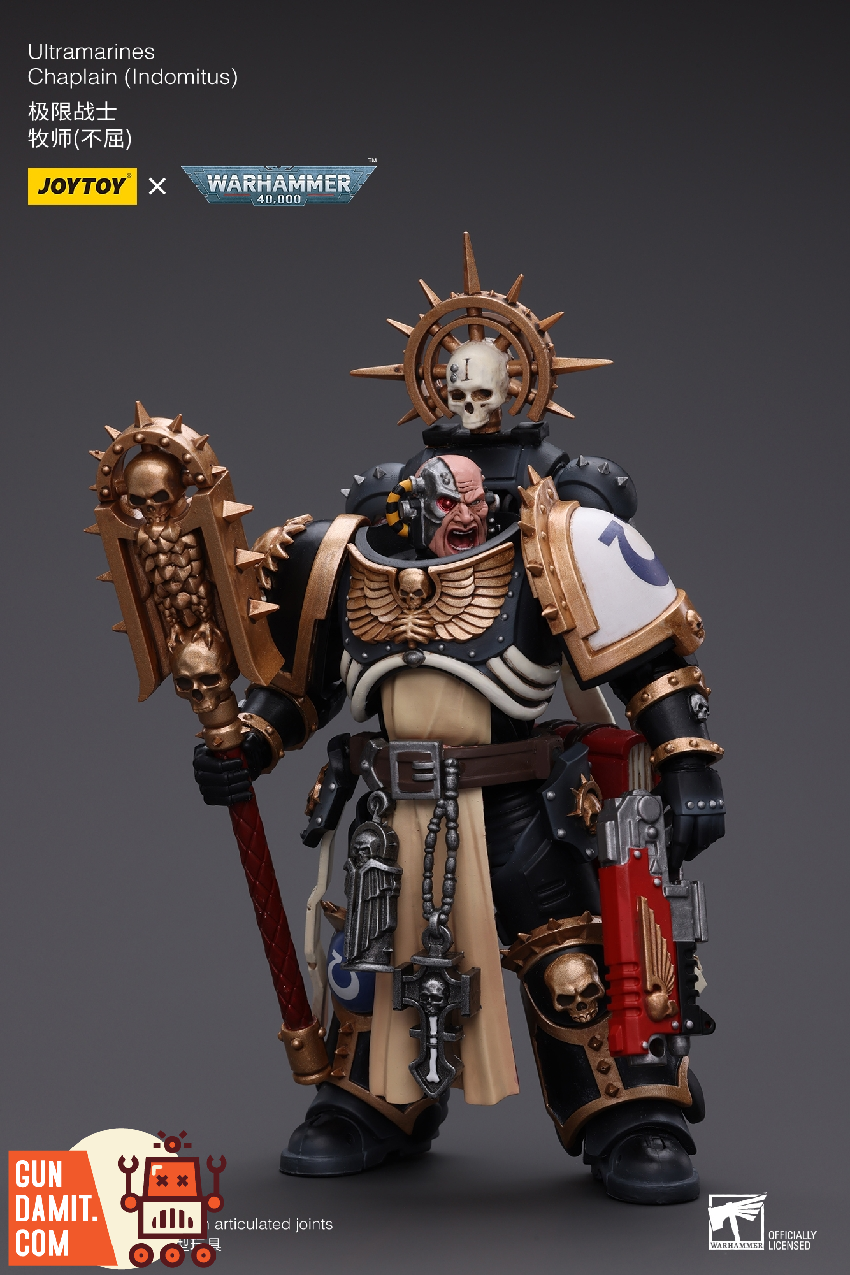 JoyToy Chaplain Indomitus three-quarter view showing ornate skull helmet with golden halo crown JoyToy Chaplain Indomitus three-quarter view showing ornate skull helmet with golden halo crown