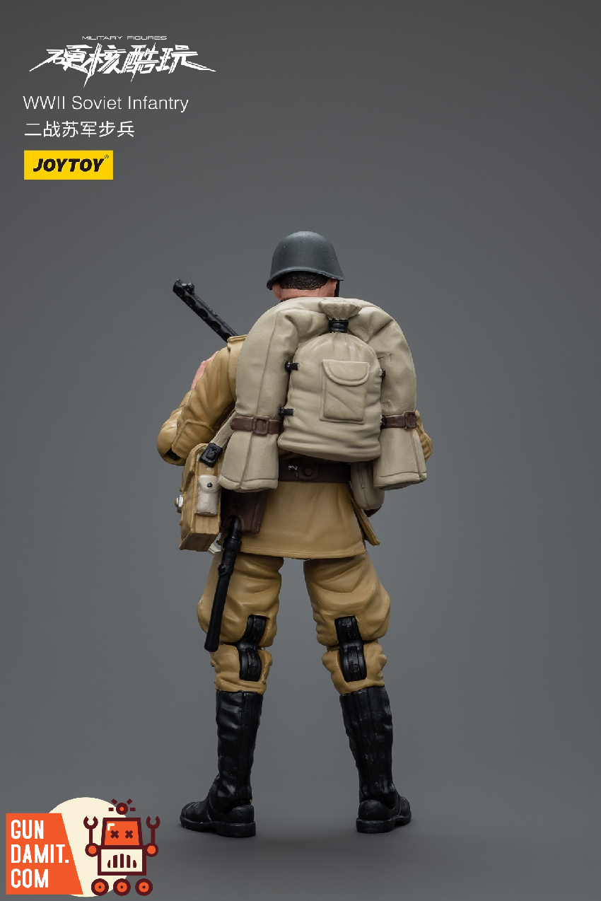 JoyToy Soviet Infantry figure rear view showing backpack and equipment straps on tan uniform JoyToy Soviet Infantry figure rear view showing backpack and equipment straps on tan uniform