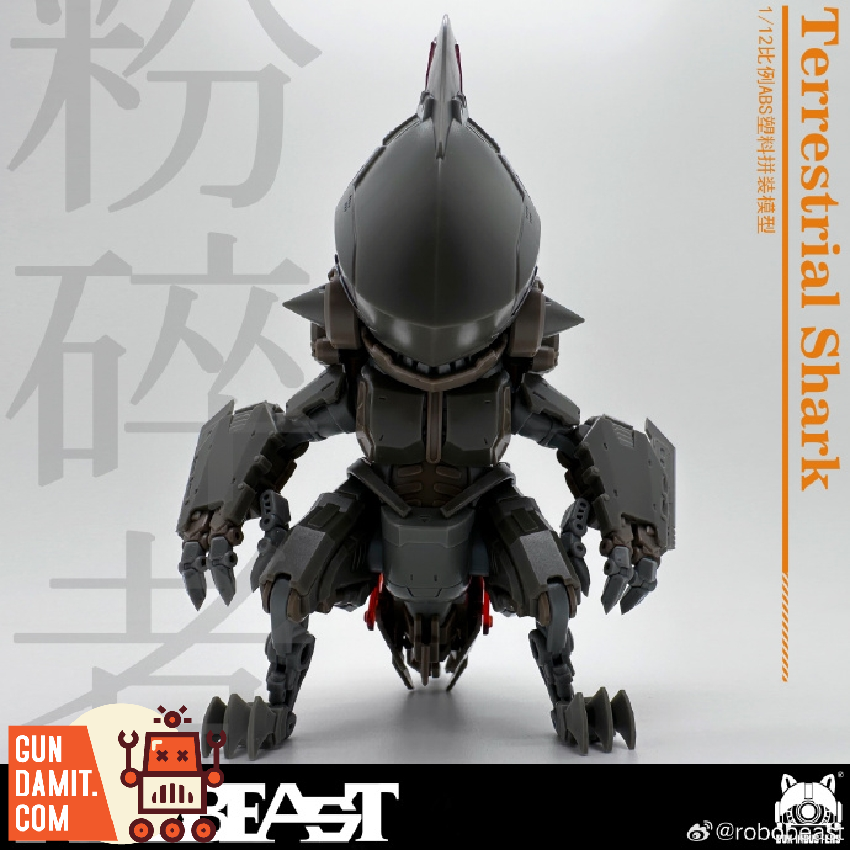 Robobeast 1/12 Terrestrial Shark model kit front view showing dark grey mechanical shark creature in standing pose Robobeast 1/12 Terrestrial Shark model kit front view showing dark grey mechanical shark creature in standing pose