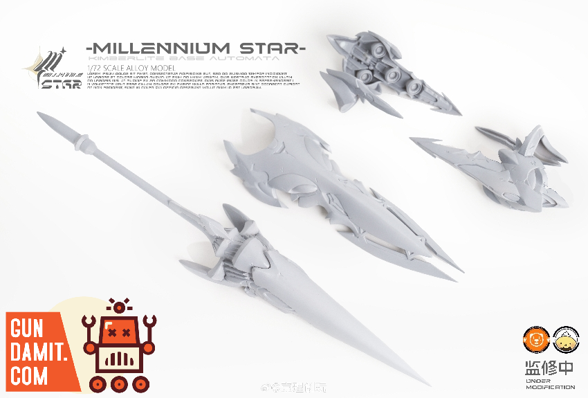 YiLiChuangWan 1/72 Millennium Star prototype weapon accessories and parts layout on dark background YiLiChuangWan 1/72 Millennium Star prototype weapon accessories and parts layout on dark background
