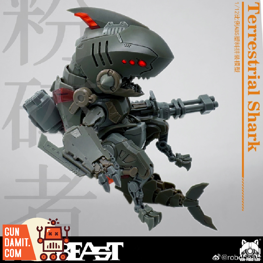 Robobeast Terrestrial Shark figure side profile view highlighting shark head sculpt and red eye detail Robobeast Terrestrial Shark figure side profile view highlighting shark head sculpt and red eye detail