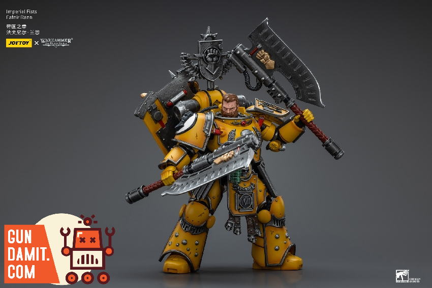 JoyToy Imperial Fists Fafnir Rann holding power sword and bolt weapon side angle view JoyToy Imperial Fists Fafnir Rann holding power sword and bolt weapon side angle view