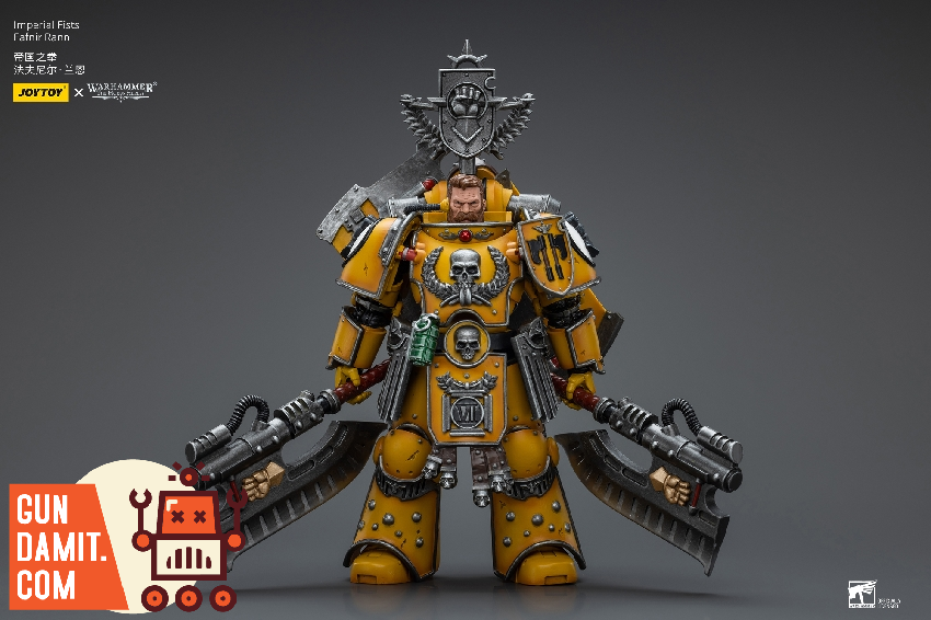 JoyToy Fafnir Rann Imperial Fists figure standing pose with paired axes and heavy armor detail JoyToy Fafnir Rann Imperial Fists figure standing pose with paired axes and heavy armor detail