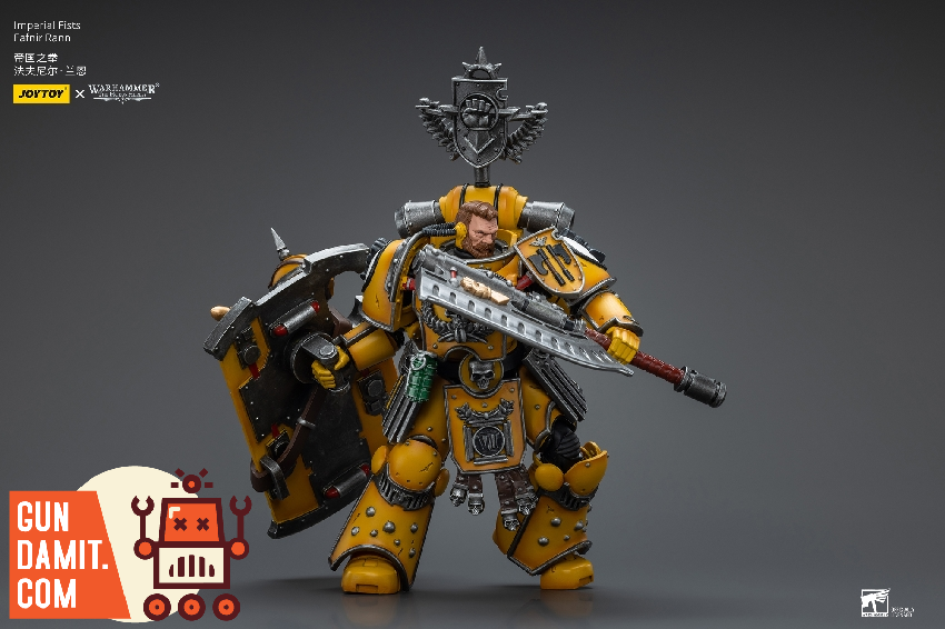 JoyToy 1/18 Fafnir Rann Horus Heresy figure three-quarter view showing yellow power armor and weapons JoyToy 1/18 Fafnir Rann Horus Heresy figure three-quarter view showing yellow power armor and weapons