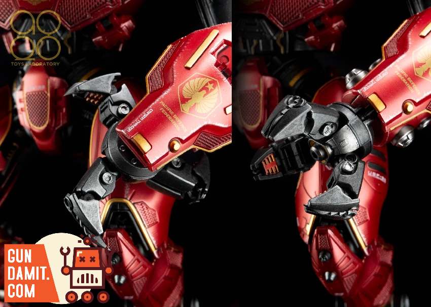 Close-up detail of Crimson Typhoon fist joints showing articulated three-arm mechanical design in red Close-up detail of Crimson Typhoon fist joints showing articulated three-arm mechanical design in red