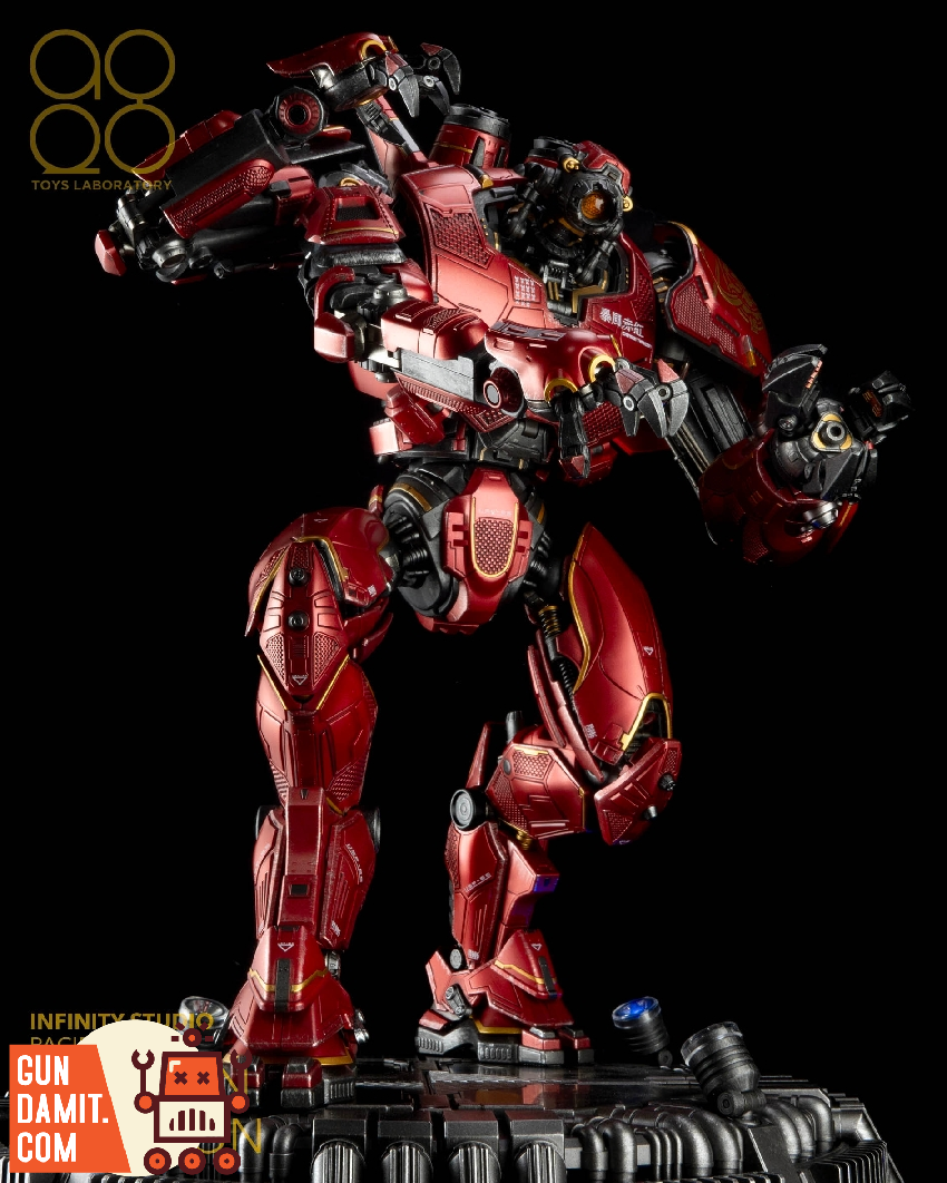 Full body front view of Heavy Mecha Crimson Typhoon Jaeger in metallic red on industrial base Full body front view of Heavy Mecha Crimson Typhoon Jaeger in metallic red on industrial base