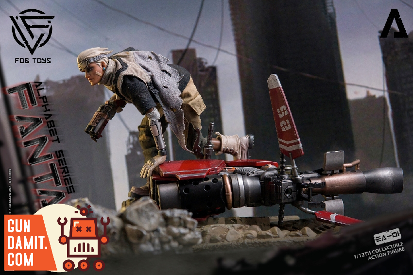 Fog Toys Whimsy 26 Series female figure with weapon on destroyed vehicle in urban ruins diorama Fog Toys Whimsy 26 Series female figure with weapon on destroyed vehicle in urban ruins diorama