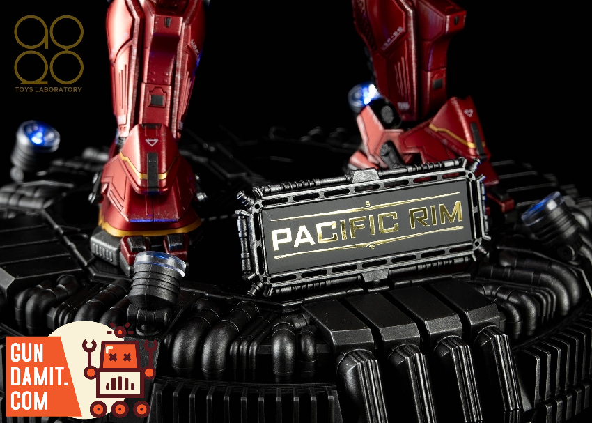 Pacific Rim nameplate on industrial base of Crimson Typhoon collectible figure Pacific Rim nameplate on industrial base of Crimson Typhoon collectible figure