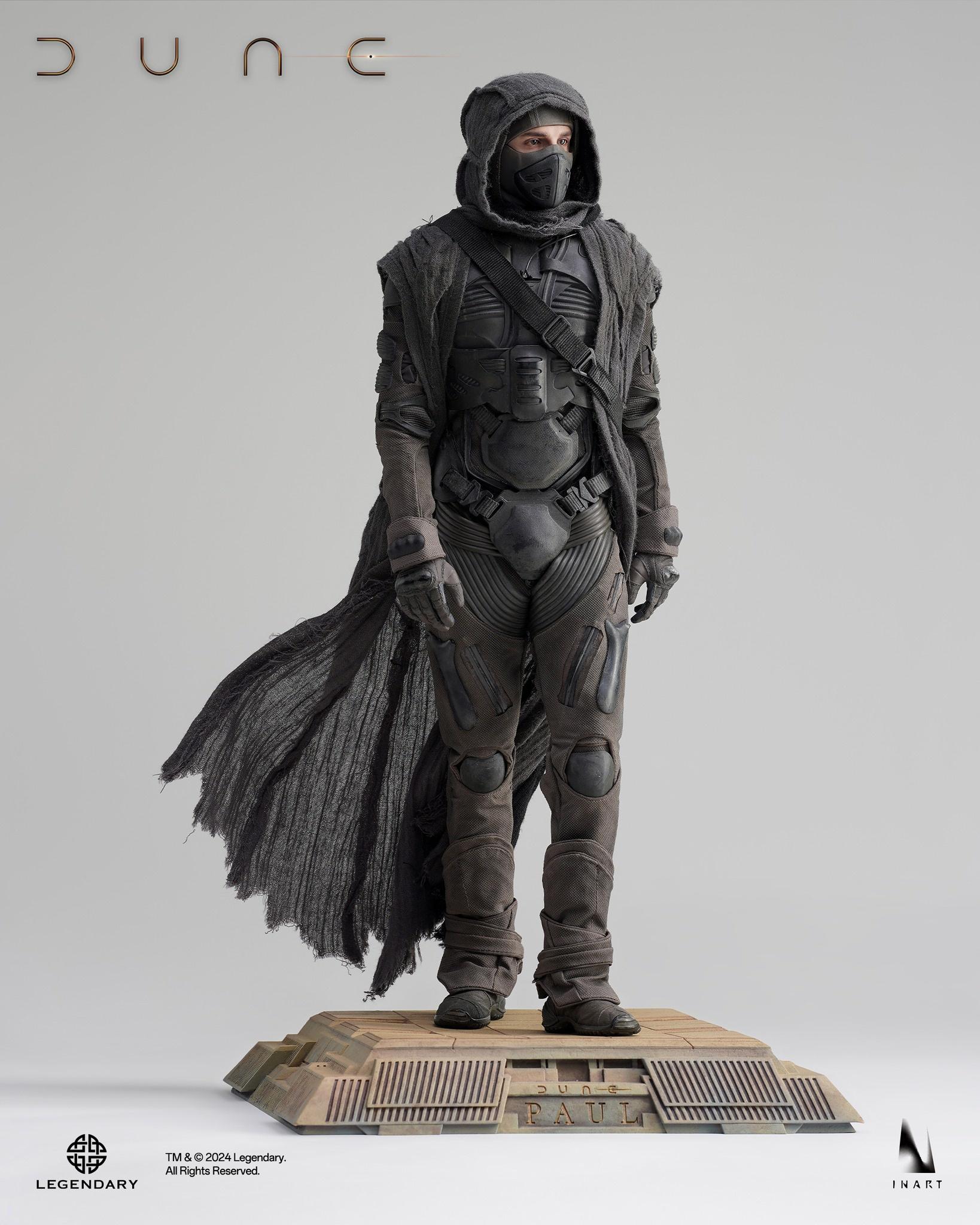 Dune Part Two Paul Atreides in hooded stillsuit on base Dune Part Two Paul Atreides in hooded stillsuit on base