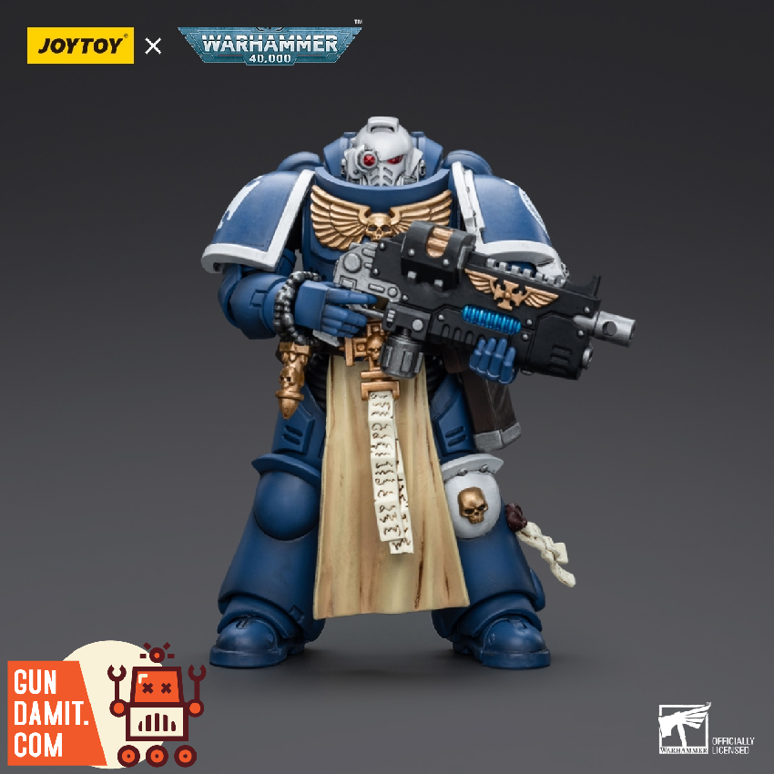 JoyToy 1/18 Ultramarines Sternguard Veteran with Combi-Plasma front view JoyToy 1/18 Ultramarines Sternguard Veteran with Combi-Plasma front view