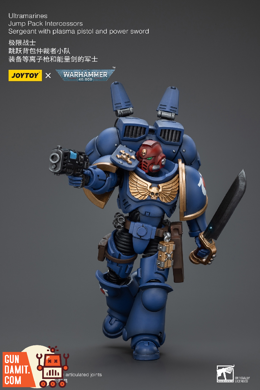 JoyToy Ultramarines Jump Pack Sergeant marching pose with plasma pistol JoyToy Ultramarines Jump Pack Sergeant marching pose with plasma pistol