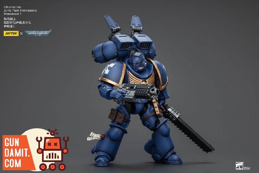 JoyToy 1/18 Ultramarines Jump Pack Intercessor 1 with bolt rifle and chainsword front view JoyToy 1/18 Ultramarines Jump Pack Intercessor 1 with bolt rifle and chainsword front view