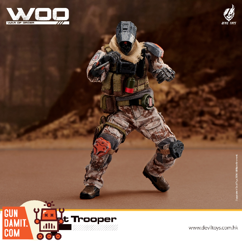 WOO Secret Trooper desert camo armor side view with rifle WOO Secret Trooper desert camo armor side view with rifle