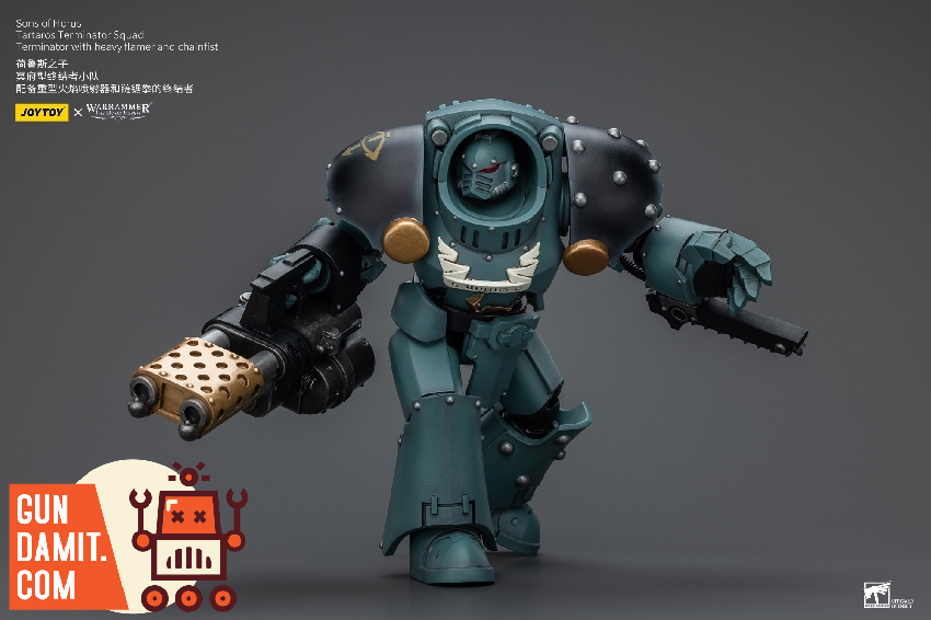 JoyToy 1/18 Tartaros Terminator Heavy Flamer and Chainfist front view JoyToy 1/18 Tartaros Terminator Heavy Flamer and Chainfist front view