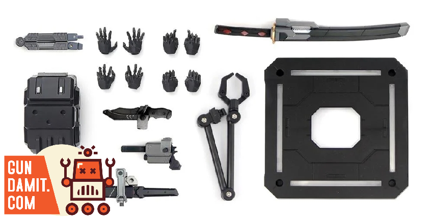 Snake Eyes Light-Armed accessories layout including katana hands and display base Snake Eyes Light-Armed accessories layout including katana hands and display base