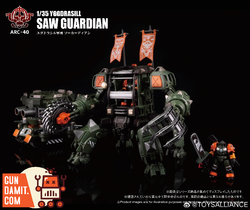 Toys Alliance 1/35 ARC-40 Yggdrasill Saw Guardian mecha front view with saw weapon Toys Alliance 1/35 ARC-40 Yggdrasill Saw Guardian mecha front view with saw weapon
