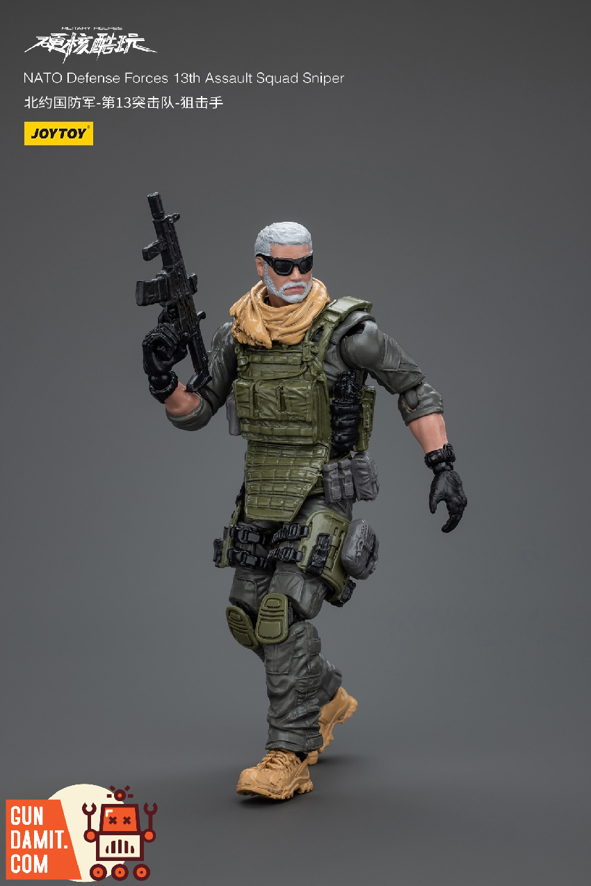 JoyToy NATO 13th Assault Sniper close-up with scope and helmet detail JoyToy NATO 13th Assault Sniper close-up with scope and helmet detail