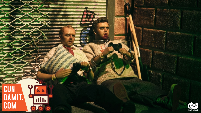 Shaun and Ed sitting on couch in backyard garden scene playing video games in green-lit night setting Shaun and Ed sitting on couch in backyard garden scene playing video games in green-lit night setting