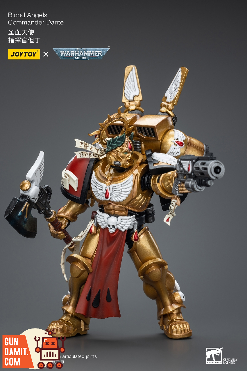 JoyToy Blood Angels Commander Dante figure with weapons side view JoyToy Blood Angels Commander Dante figure with weapons side view