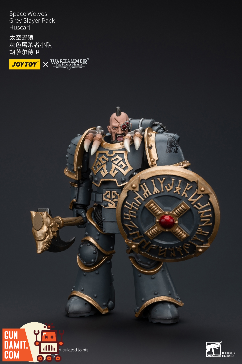 JoyToy Huscarl three-quarter view showing ornate shield detail and thunder hammer JoyToy Huscarl three-quarter view showing ornate shield detail and thunder hammer