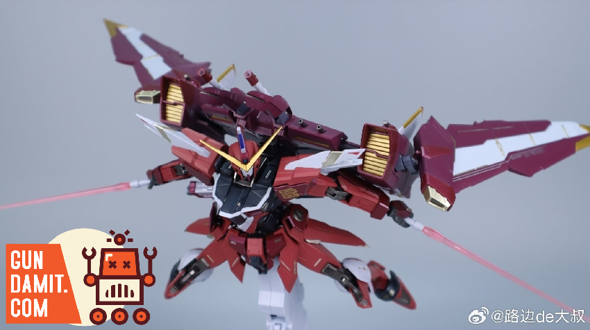 MC MB Justice Gundam Red Warrior aerial combat pose with beam sabers MC MB Justice Gundam Red Warrior aerial combat pose with beam sabers