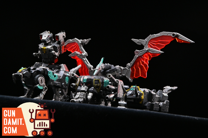Lucky Cat Dino Megazord with all five individual Dinozords separated Lucky Cat Dino Megazord with all five individual Dinozords separated