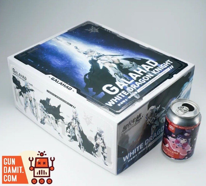 Galahad model kit box showing full packaging size compared to beverage can for scale reference Galahad model kit box showing full packaging size compared to beverage can for scale reference