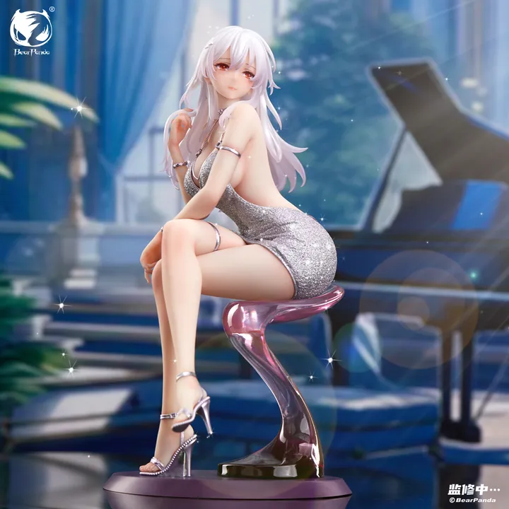 BearPanda Serina figure seated on pink translucent bar stool in silver glitter dress with piano background BearPanda Serina figure seated on pink translucent bar stool in silver glitter dress with piano background