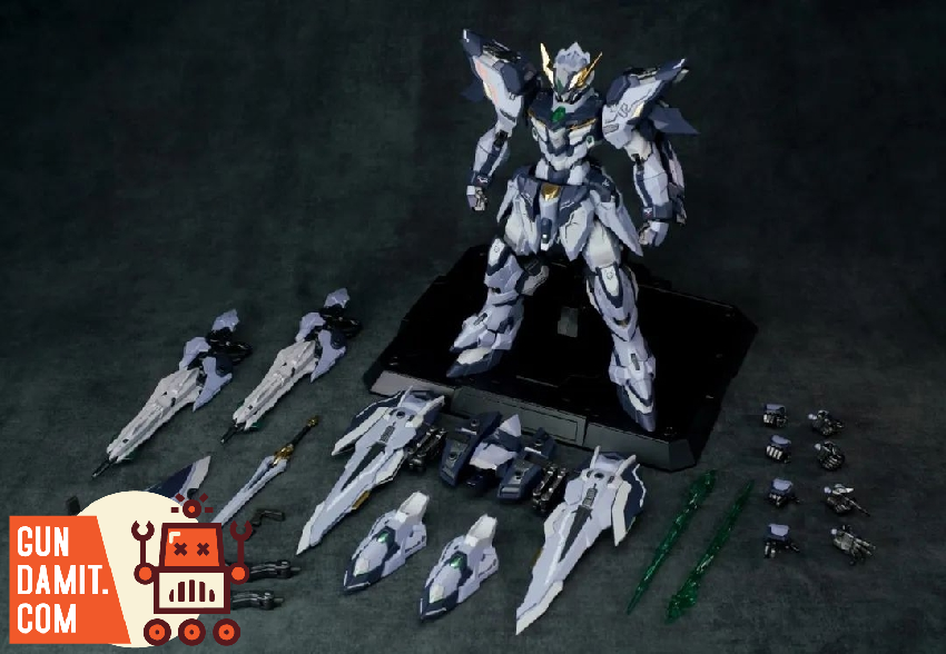 Full contents of Tianfa model kit with assembled mecha weapons accessories and runners laid out Full contents of Tianfa model kit with assembled mecha weapons accessories and runners laid out