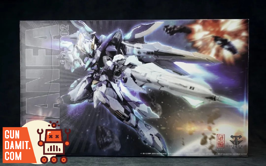 CangDao Tianfa model kit box art showing white and blue mecha with wing binders in dramatic pose CangDao Tianfa model kit box art showing white and blue mecha with wing binders in dramatic pose