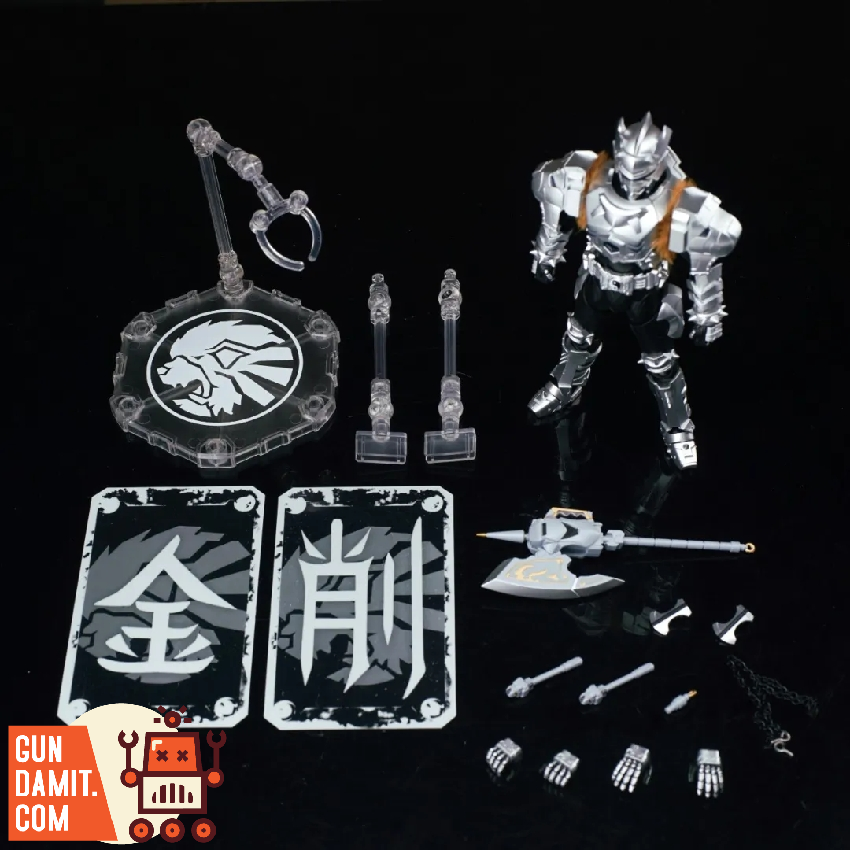 Degenerator Industry 1/12 Armor Hero Snow Armor full accessory layout with figure, display stand, effect parts, and interchangeable hands Degenerator Industry 1/12 Armor Hero Snow Armor full accessory layout with figure, display stand, effect parts, and interchangeable hands