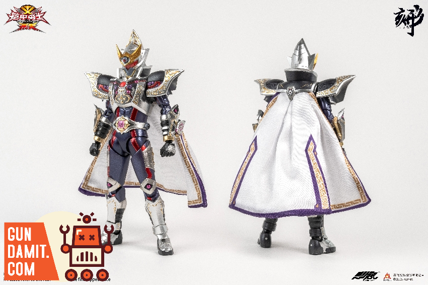 Degenerator Industry 1/12 Armor Hero XT Shura Armor showing armored and caped forms side by side in silver and purple color scheme Degenerator Industry 1/12 Armor Hero XT Shura Armor showing armored and caped forms side by side in silver and purple color scheme