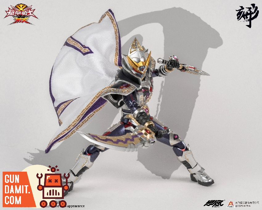 Armor Hero XT Shura Armor side view lunging pose with flowing purple cape and dual blade weapons Armor Hero XT Shura Armor side view lunging pose with flowing purple cape and dual blade weapons