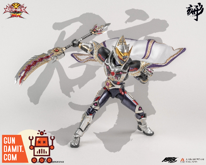 Armor Hero XT Shura Armor in dynamic battle pose wielding dual weapons with purple cape flowing Armor Hero XT Shura Armor in dynamic battle pose wielding dual weapons with purple cape flowing