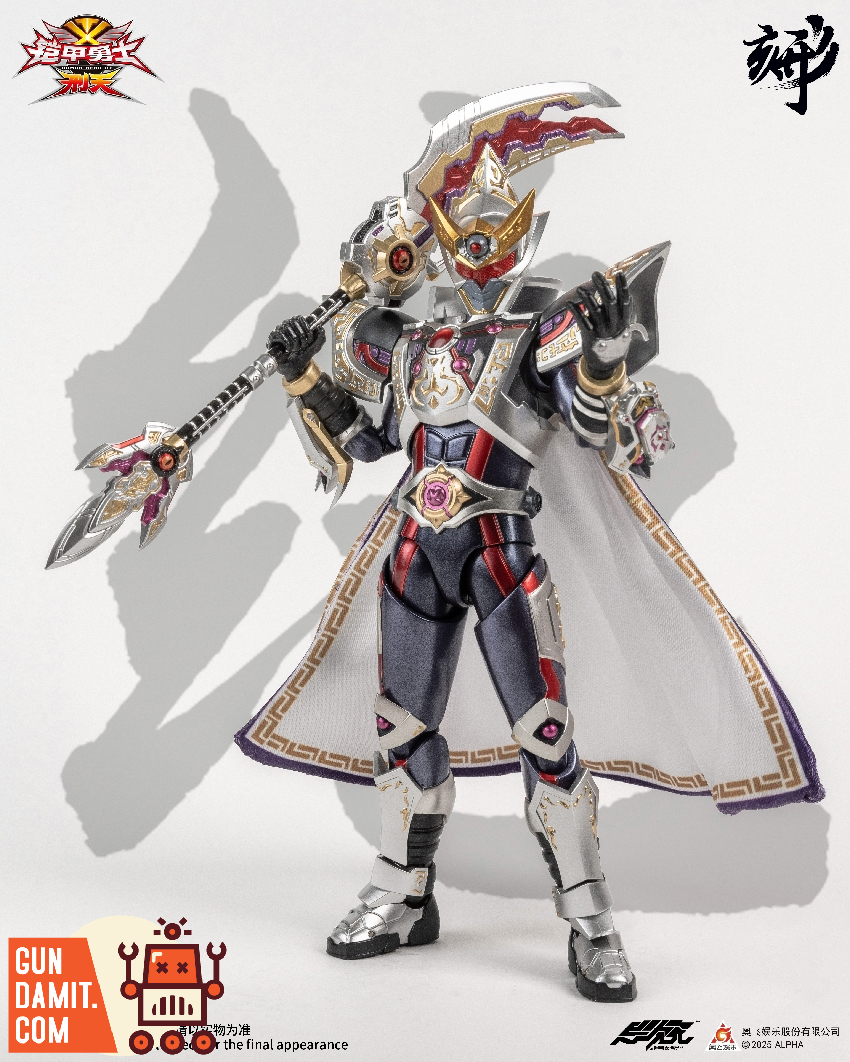 Armor Hero XT Shura Armor full body standing pose in silver armor with white cape and ornate weapon Armor Hero XT Shura Armor full body standing pose in silver armor with white cape and ornate weapon
