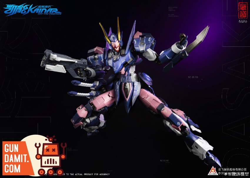 Kainar Dussack mecha with dual claw weapons and shield in combat pose on dark background Kainar Dussack mecha with dual claw weapons and shield in combat pose on dark background