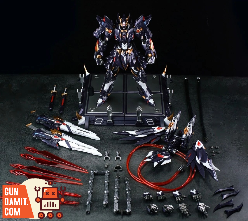 Full contents layout of CangDao Anzhi model kit with mecha weapons accessories and display base parts Full contents layout of CangDao Anzhi model kit with mecha weapons accessories and display base parts