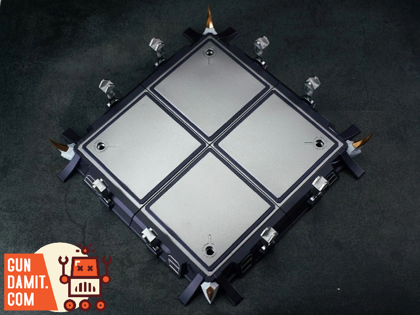 Display base component showing black panel base plate with four mounting sections Display base component showing black panel base plate with four mounting sections