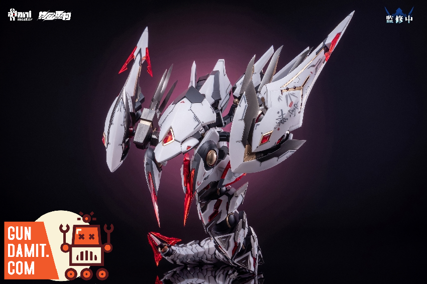 Close-up of Polestars White head and upper body showing detailed white and red armor plating Close-up of Polestars White head and upper body showing detailed white and red armor plating