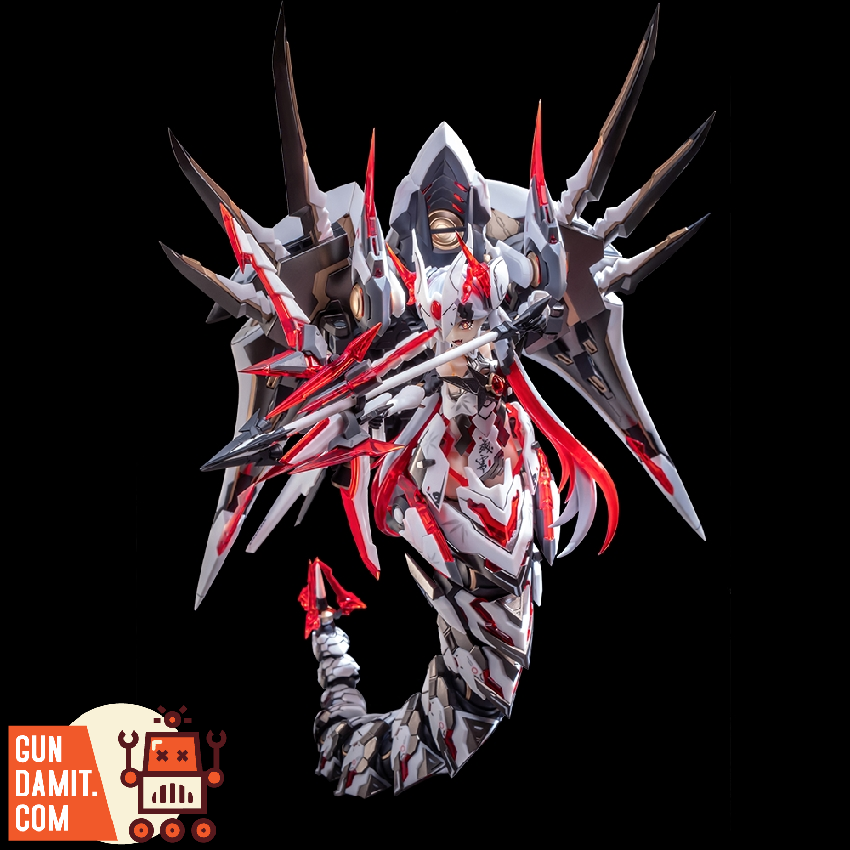 Polestars White model kit in dynamic pose with red energy blade wings and spiked white armor on black background Polestars White model kit in dynamic pose with red energy blade wings and spiked white armor on black background