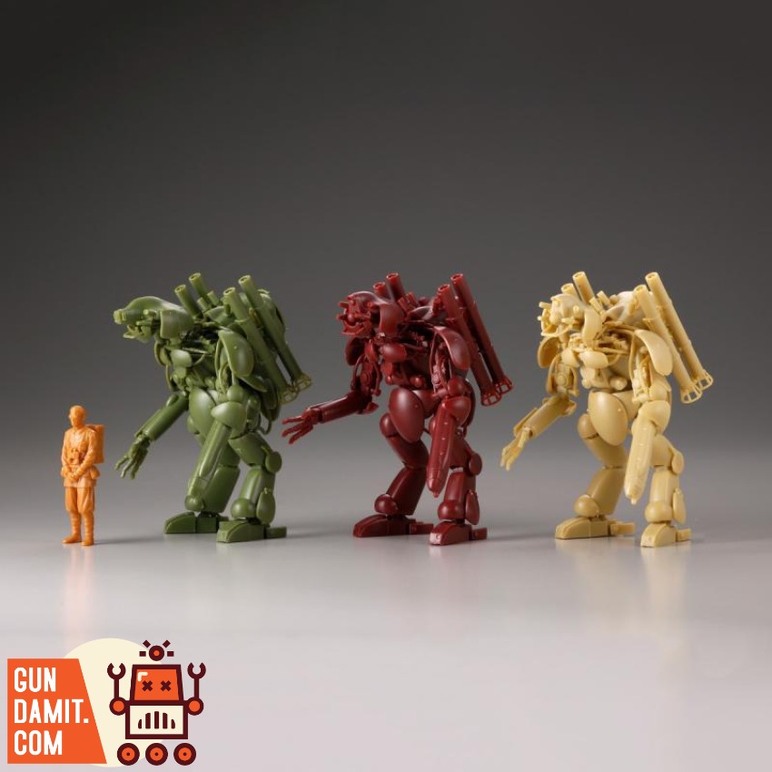 KAIYODO 1/35 Artpla Vicious Dog Robot Defense Force Model Ki Three colorful robot figures stand next to a small human figure. KAIYODO 1/35 Artpla Vicious Dog Robot Defense Force Model Ki Three colorful robot figures stand next to a small human figure.