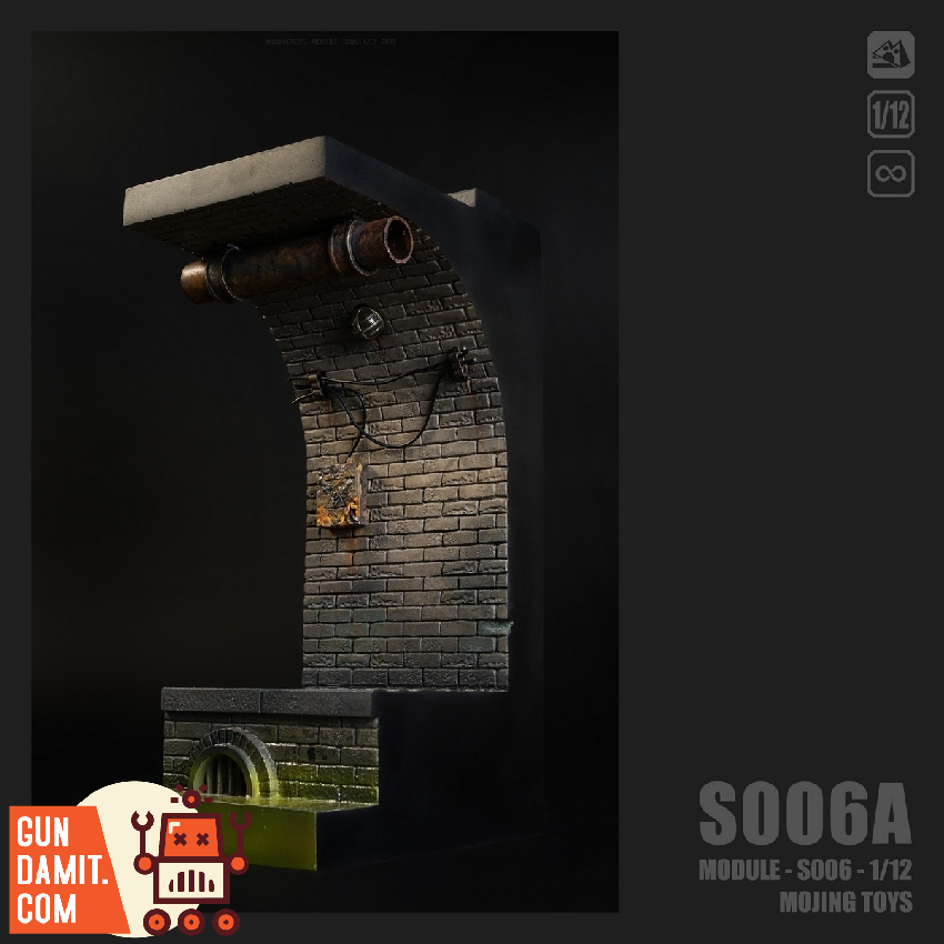 Mojing Toys 1/12 S006A Module Series American Comic Sewer Di Dark brick archway with pipes, mossy grate, and orange robot log Mojing Toys 1/12 S006A Module Series American Comic Sewer Di Dark brick archway with pipes, mossy grate, and orange robot log