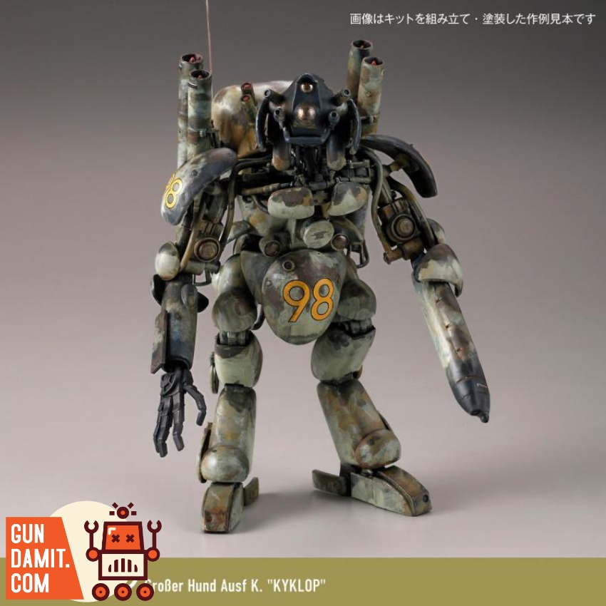 KAIYODO 1/35 Artpla Vicious Dog Robot Defense Force Model Ki A weathered, green and brown robot with the number 98 on its che KAIYODO 1/35 Artpla Vicious Dog Robot Defense Force Model Ki A weathered, green and brown robot with the number 98 on its che